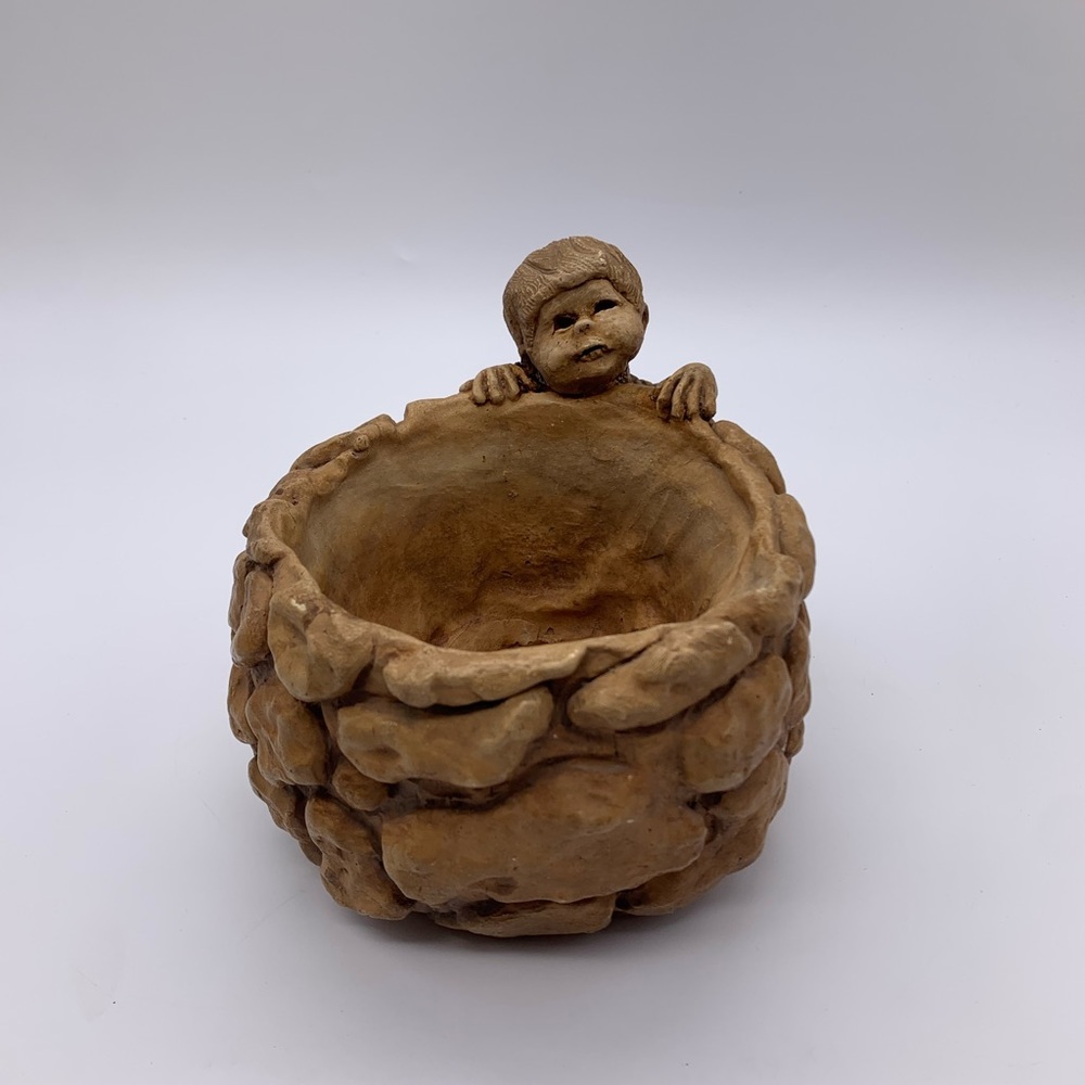 Dave Grossman Signed Vintage Pottery Planter Textured Sculptured Boy by The Well